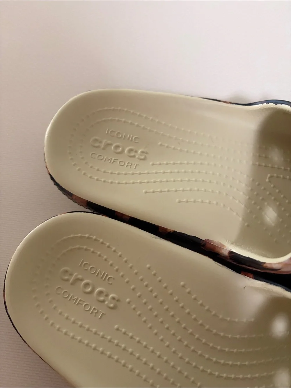 CROCS Leopard Print Slide Sandals in Brown and Black with Cream Footbed
